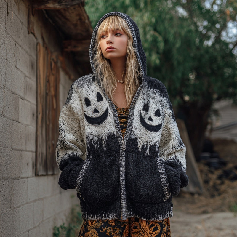 Vintage Halloween Spooky Face Contrast Color Knitted Hooded Cardigan