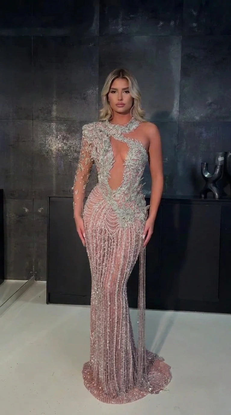 One-Shoulder Cutout Sequin Beaded Evening Gown with Long Sleeve