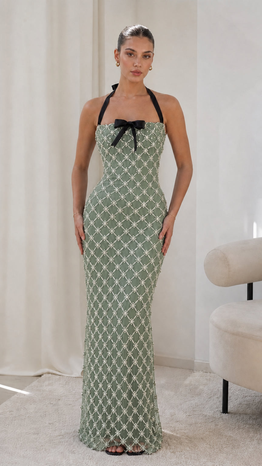 Embellished Lattice Halterneck Maxi Dress with Satin Bow Accent