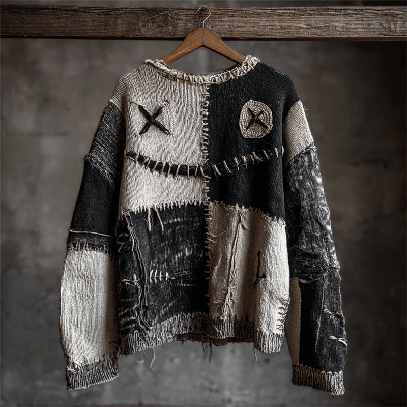 Halloween Monster Face Colorblock Stitched Cozy Knit Sweater