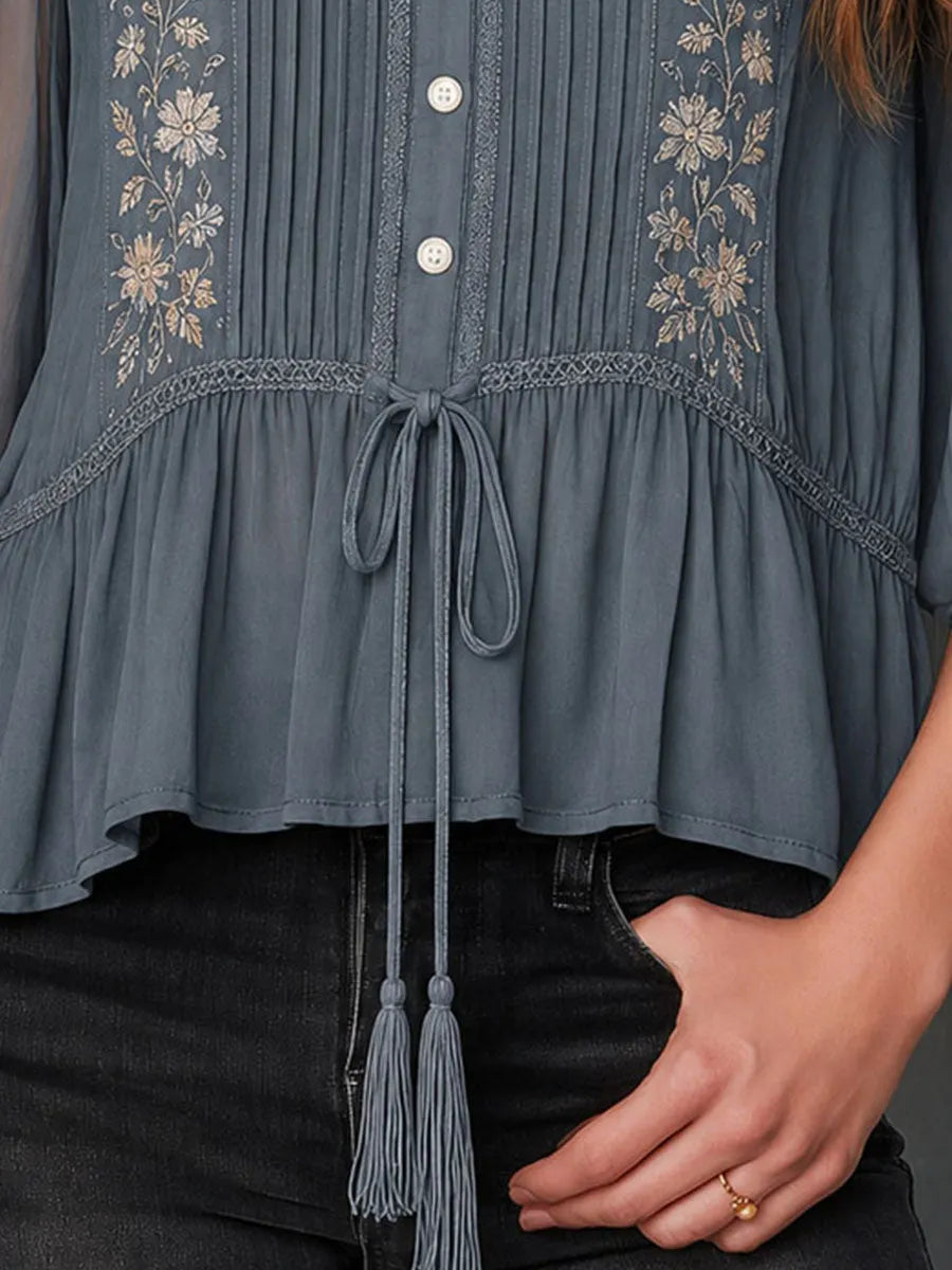 Boho Slate Blue Embroidered Sheer Sleeves Blouse With Tassel Tie