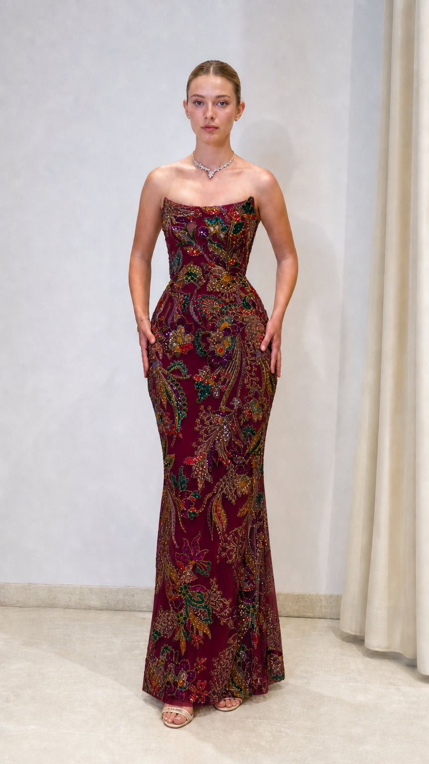 Strapless Beaded Floral Sequin Mermaid Evening Gown