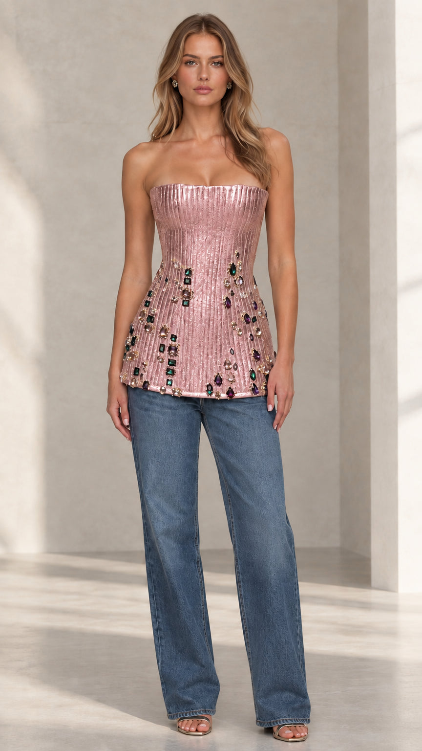 Strapless Metallic Pleated Embellished Corset Top
