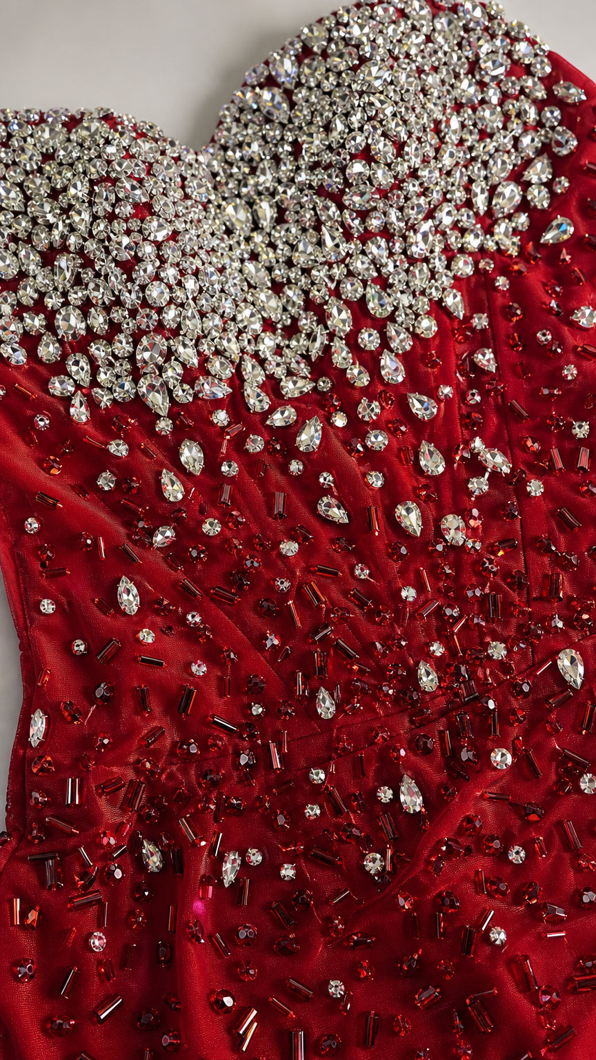Strapless Rhinestone Bustier High Slit Evening Gown