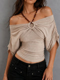 Boho Beige Off-Shoulder Ruched Soft Stretch Top
