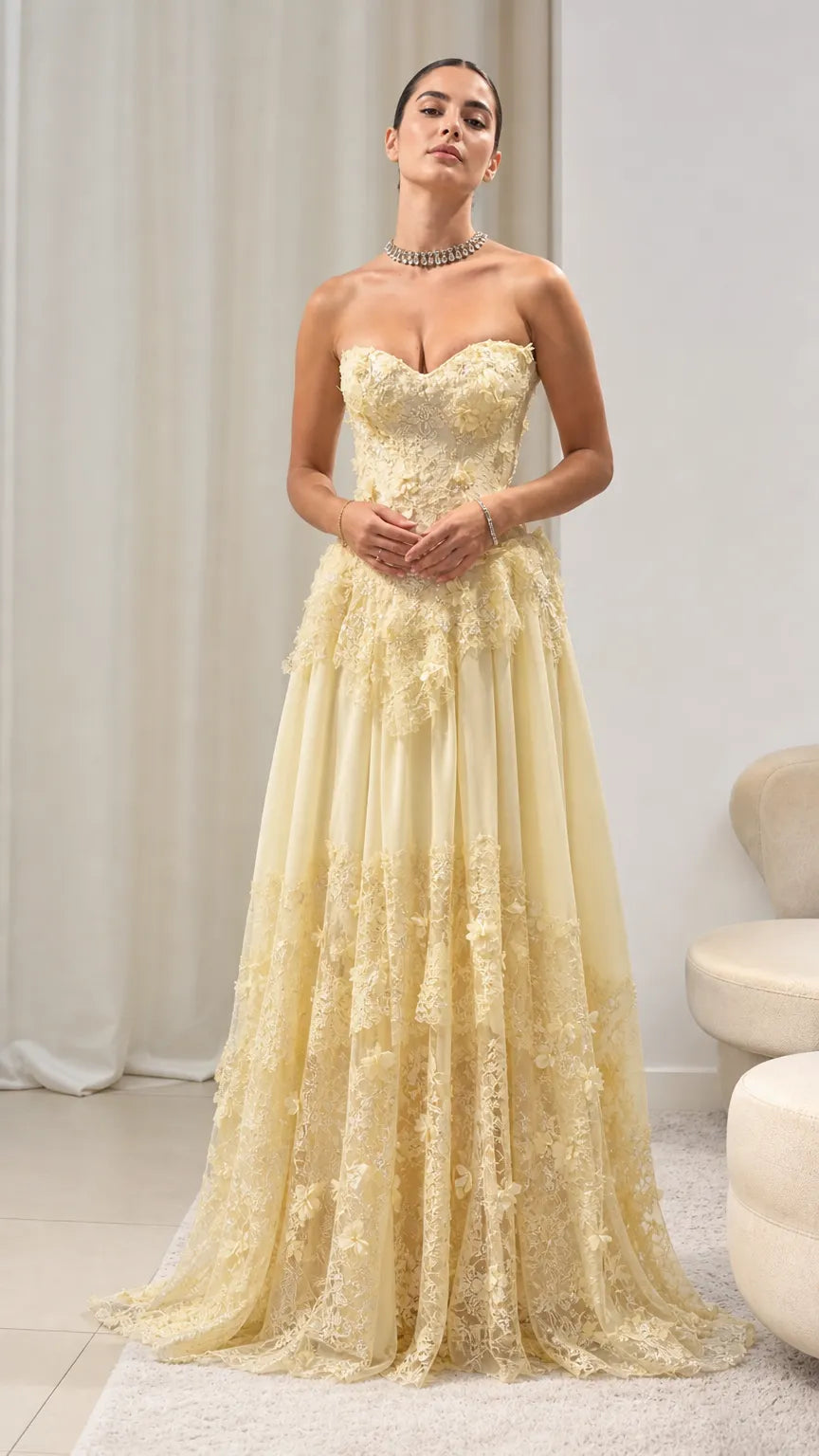 Strapless Floral Appliqué Corset Evening Gown with Tiered Lace Tulle Skirt