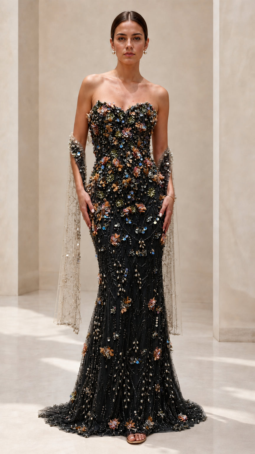 Strapless 3D Floral Embellished Mermaid Evening Gown with Draped Cape Sleeves