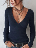 Retro Crossover V-neck Metallic Thread Blend Knit Blouse