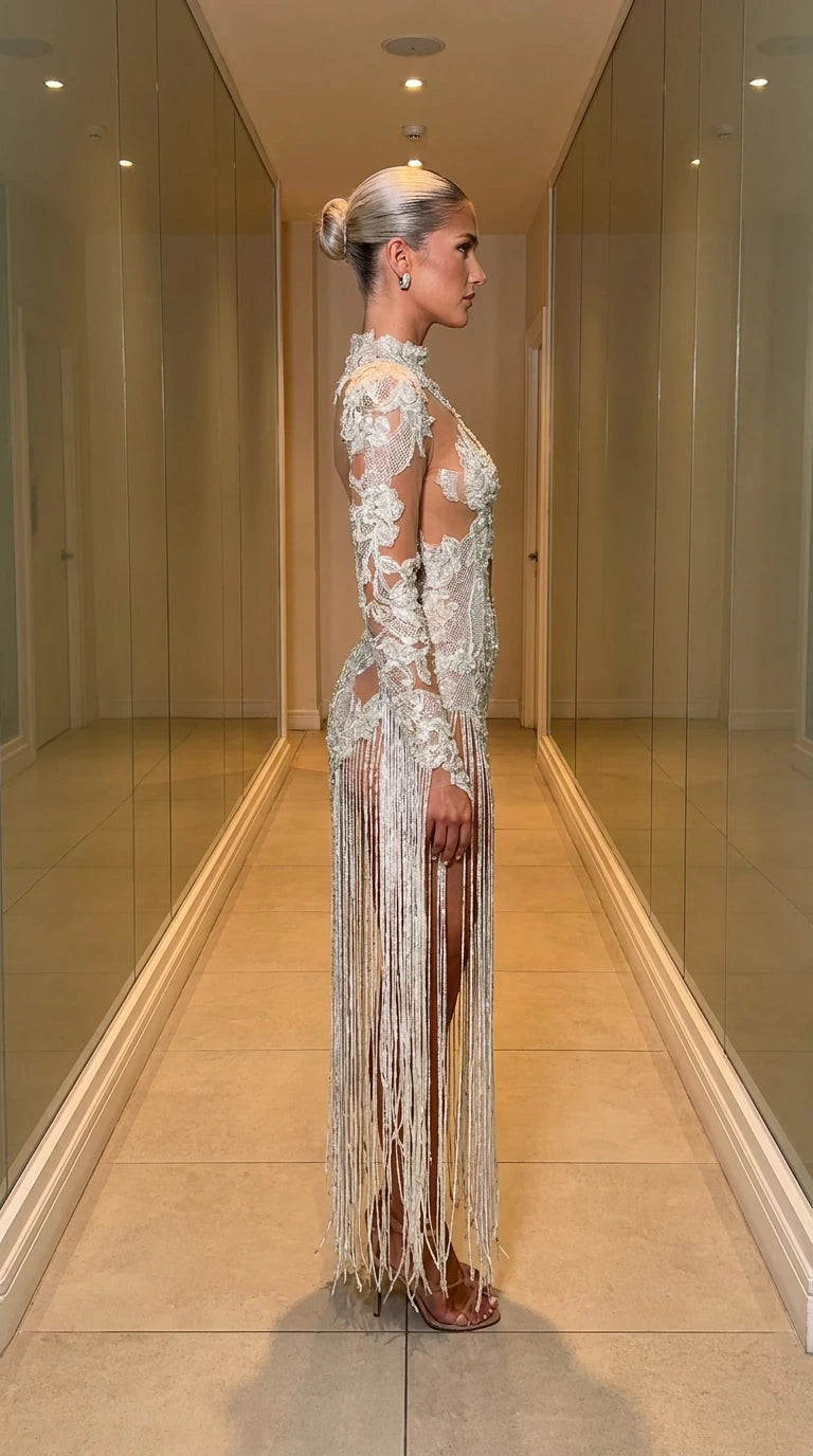 Asymmetric Embroidered Lace Cutout Fringe Evening Maxi Dress