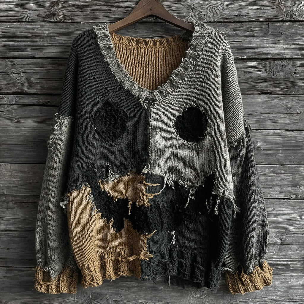 Halloween Spooky Face Contrast Stitching Comfortable V-neck Knitted Sweater
