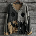 Halloween Spooky Face Contrast Stitching Comfortable V-neck Knitted Sweater