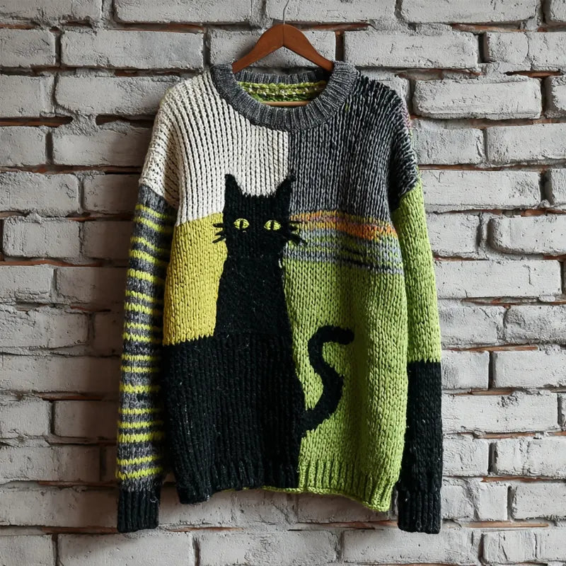 Halloween Black Cat Colorblock Cozy Knitted Sweater