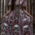 Day Of The Dead Skull Flower Print V-neck Retro Short Sleeve A-line Long Dress