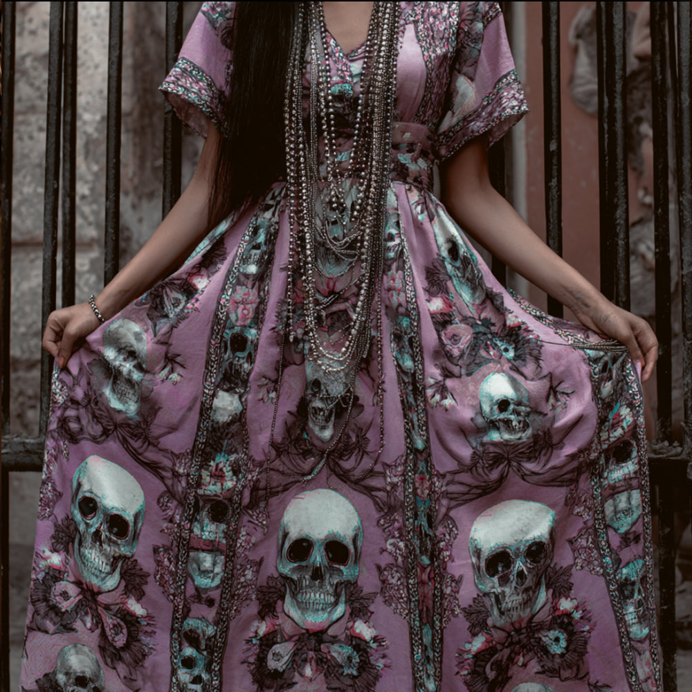 Day Of The Dead Skull Flower Print V-neck Retro Short Sleeve A-line Long Dress