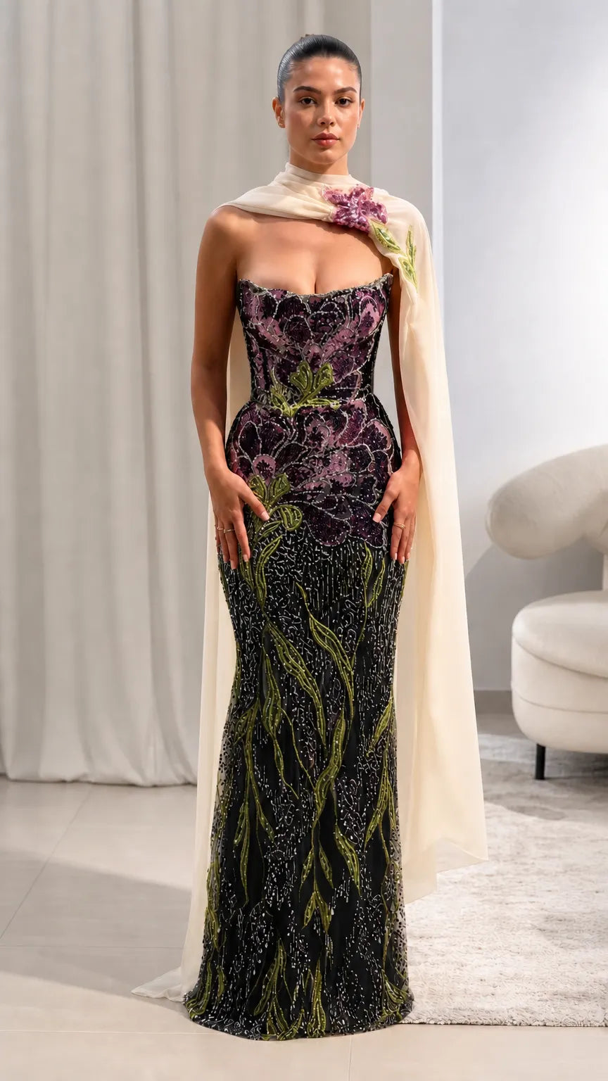 Strapless Floral Beaded Evening Gown with Matching Chiffon Cape Scarf