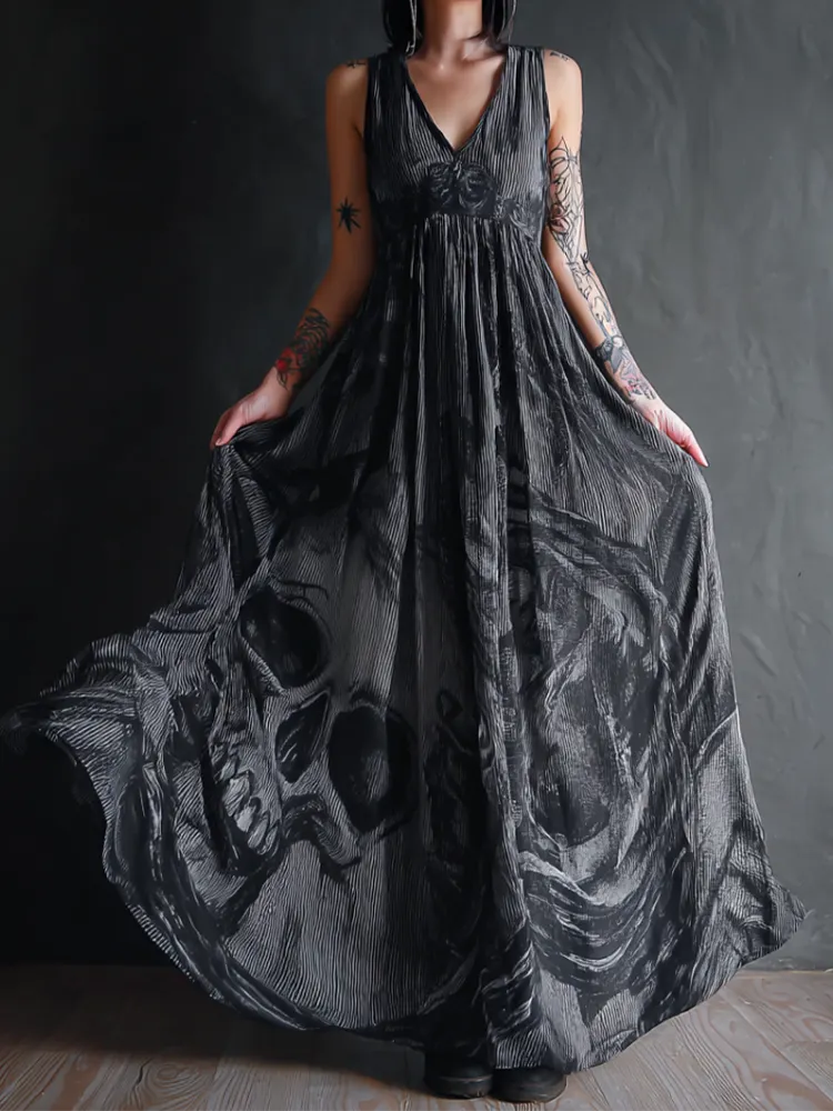 Halloween Gothic Dark Style Skeleton Element Women's V-neck Long Dress