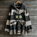 Halloween Cute Black Cat Striped Knitted Hooded Sweater