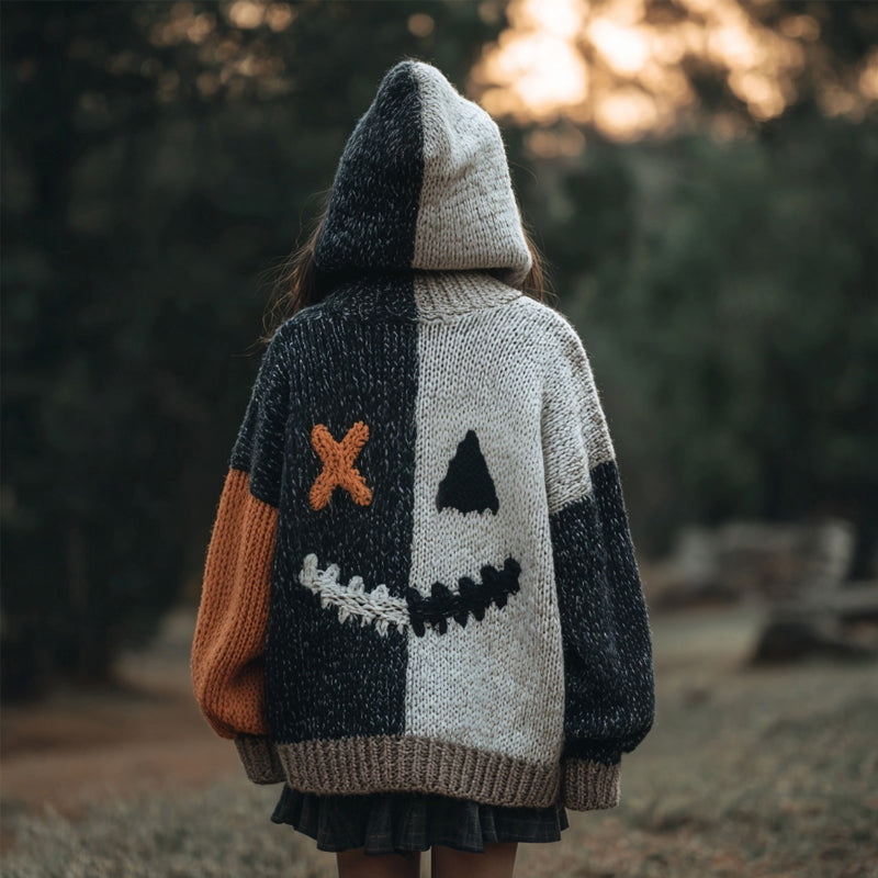 Vintage Halloween Spooky Face Contrast Color Knitted Hooded Cardigan