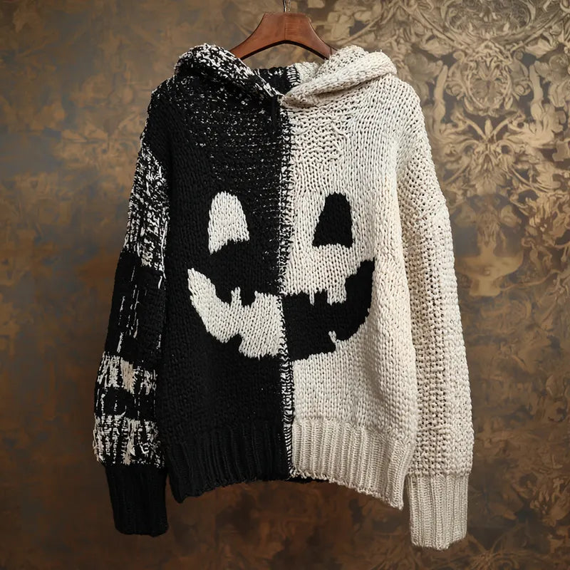 Halloween Pumpkin Face Contrast Color Knitted Hooded Sweater