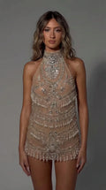 Halter Neck Beaded Fringe Mini Dress with Open Back