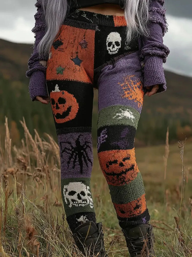 Women's Halloween Pumpkin Patchwork Cozy Leggings