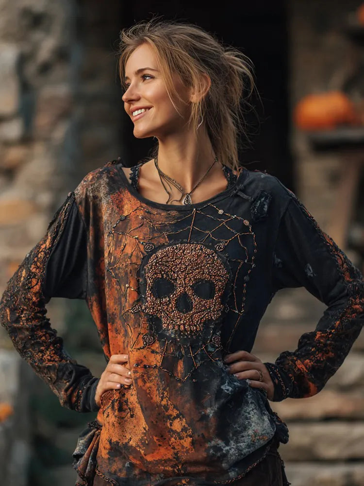 Women's Halloween Skull And Spider Web T-shirt