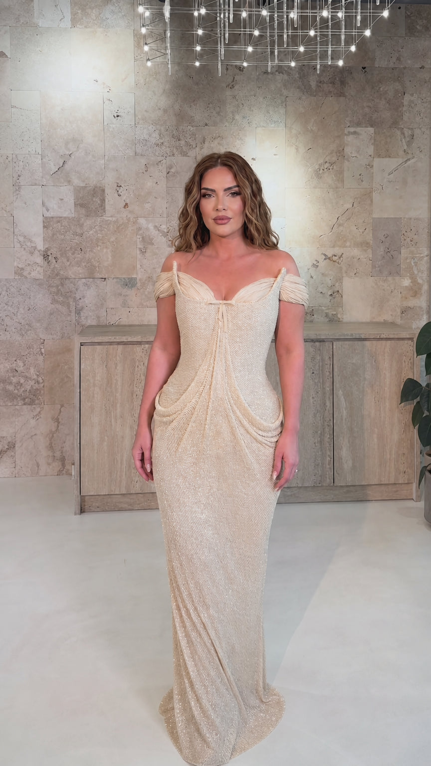 Glitter Draped Off-the-Shoulder Column Evening Gown