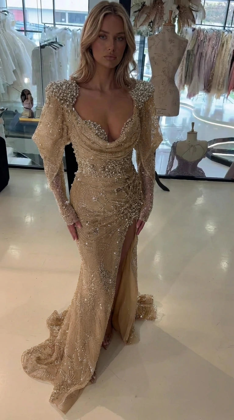 Sparkling Beaded Cowl Neck Long Sleeve Evening Gown with Slit