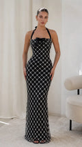 Embellished Lattice Halterneck Maxi Dress with Satin Bow Accent