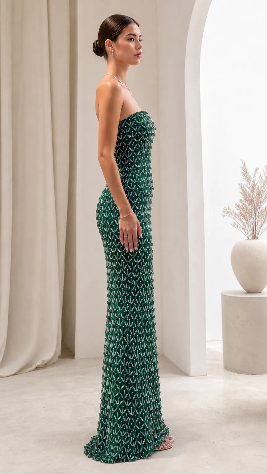 Strapless Beaded Column Maxi Evening Gown