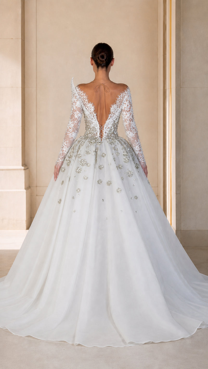 Asymmetrical Embellished Long Sleeve Evening Gown with Detachable Overskirt