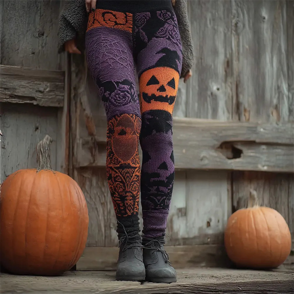 Halloween Pumpkin Emoji Spider Web Patchwork Women's Knit Leggings