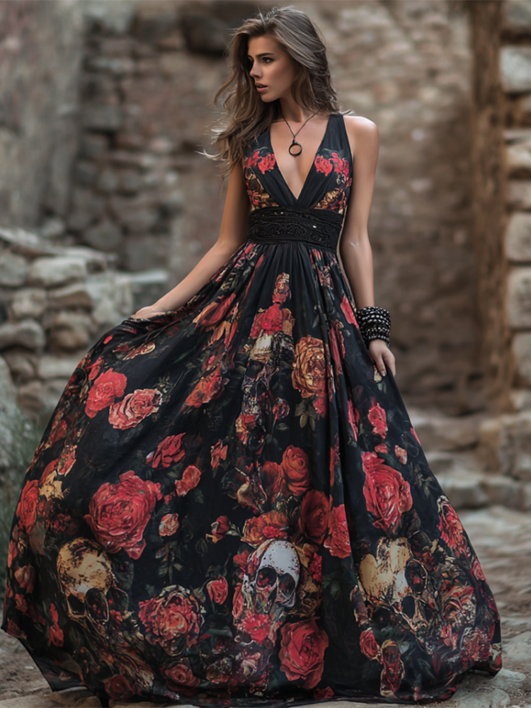 Halloween Theme Rose And Skull Pattern Women's V-neck Long Dress