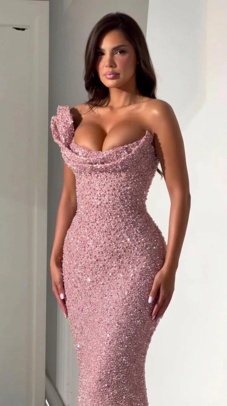 One-Shoulder Beaded Mermaid Evening Gown with Flower Detail