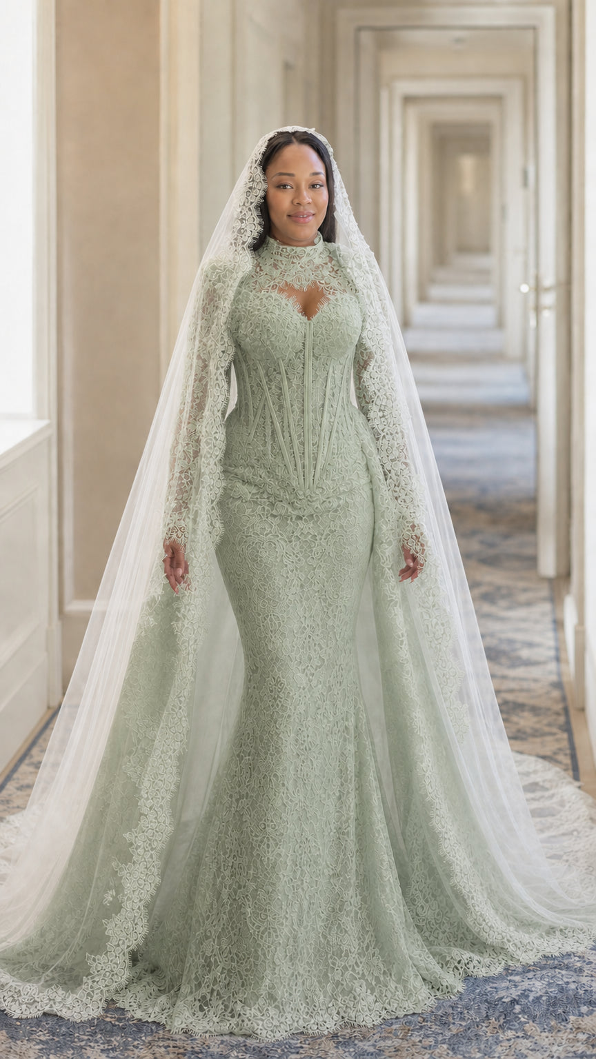 Illusion High Neck Corset Lace Mermaid Wedding Gown with Long Sleeves