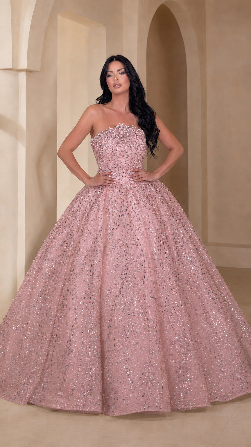 Strapless Glitter Sequin Ball Gown Evening Dress with Embellished Bodice