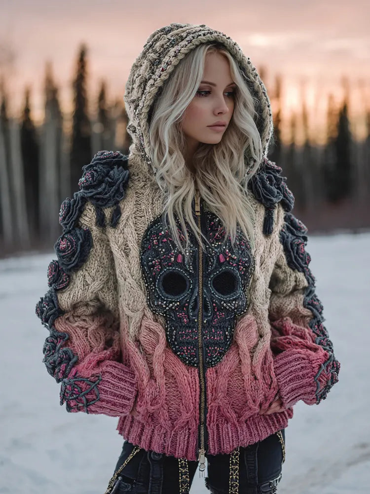 Women's Vintage Celtic Skull Gradient Art Cozy Knitted Hooded Cardigan