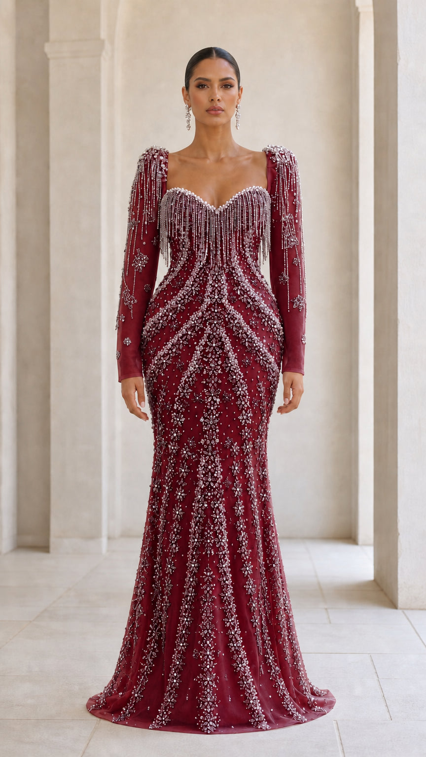 Beaded Long Sleeve Mermaid Evening Gown with Fringe Sweetheart Neckline