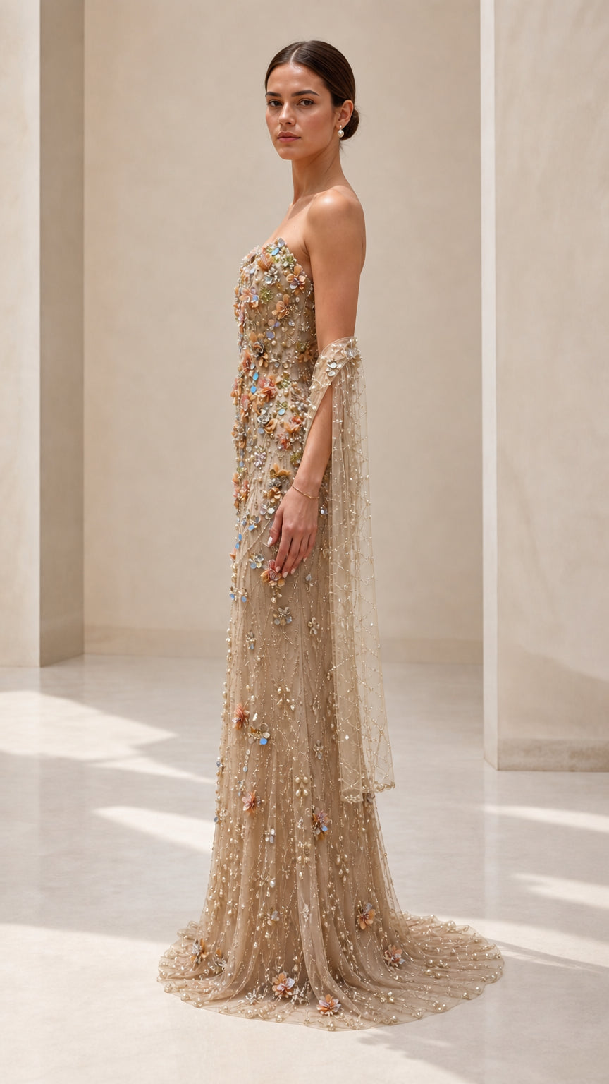 Strapless 3D Floral Embellished Mermaid Evening Gown with Draped Cape Sleeves