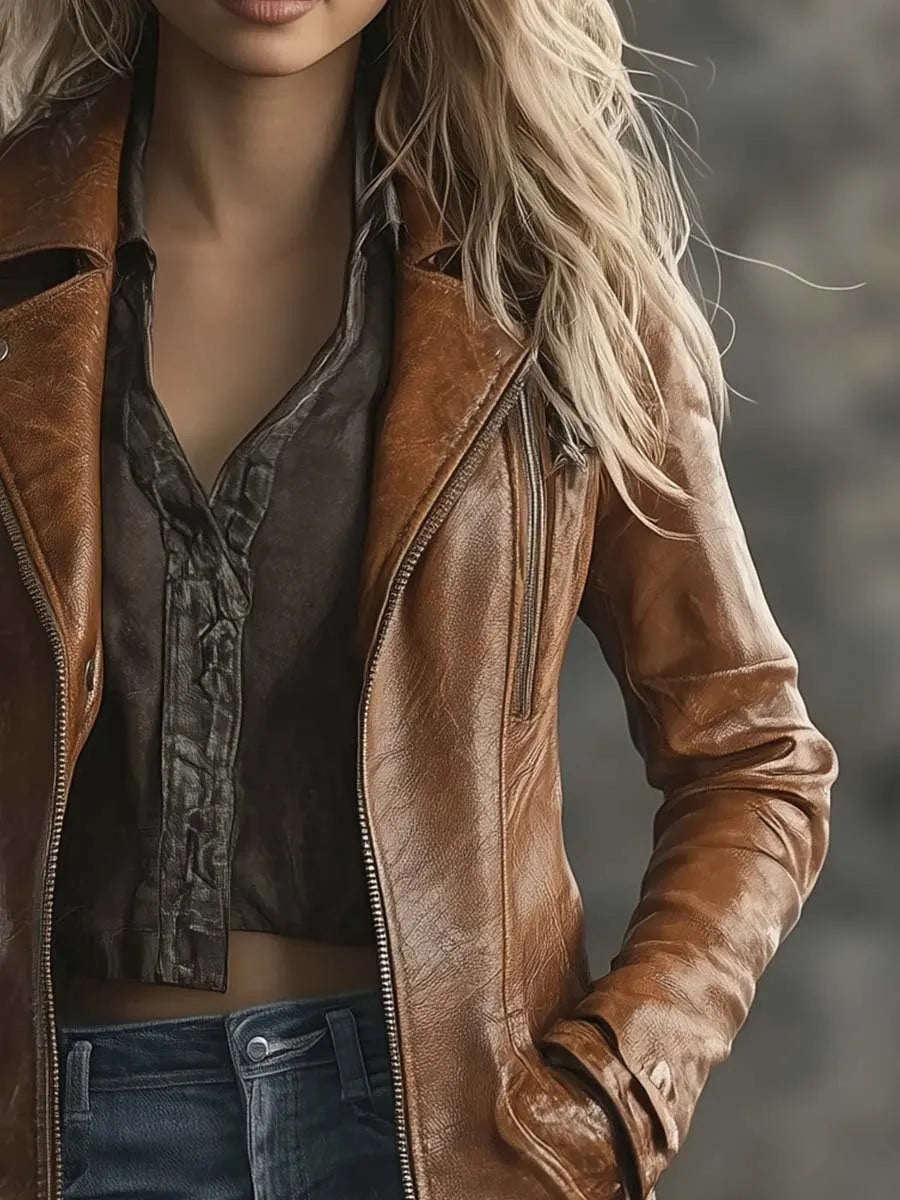 Women's Vintage Contrast Zipper Faux Leather Jacket