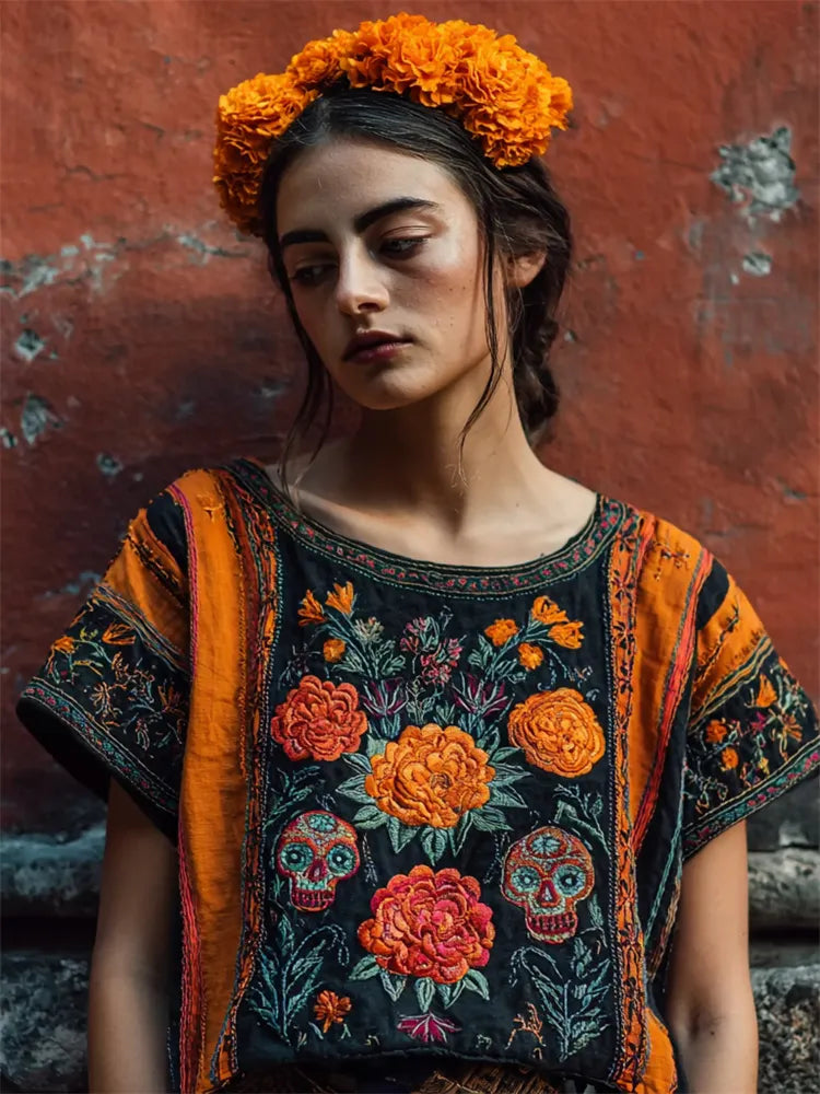 Day Of The Dead Sugar Skulls Marigolds Floral Embroidered Contrast Linen Shirt
