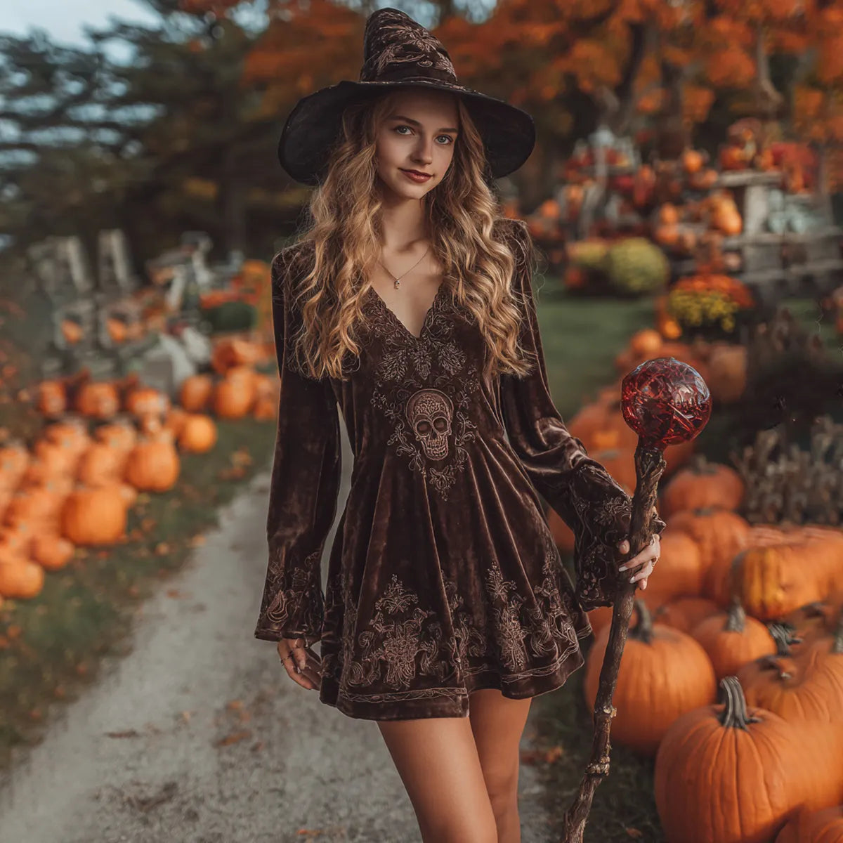 Women's Classic Velvet Halloween Skull Art Comfy Velvet Long Sleeve Mini Dress