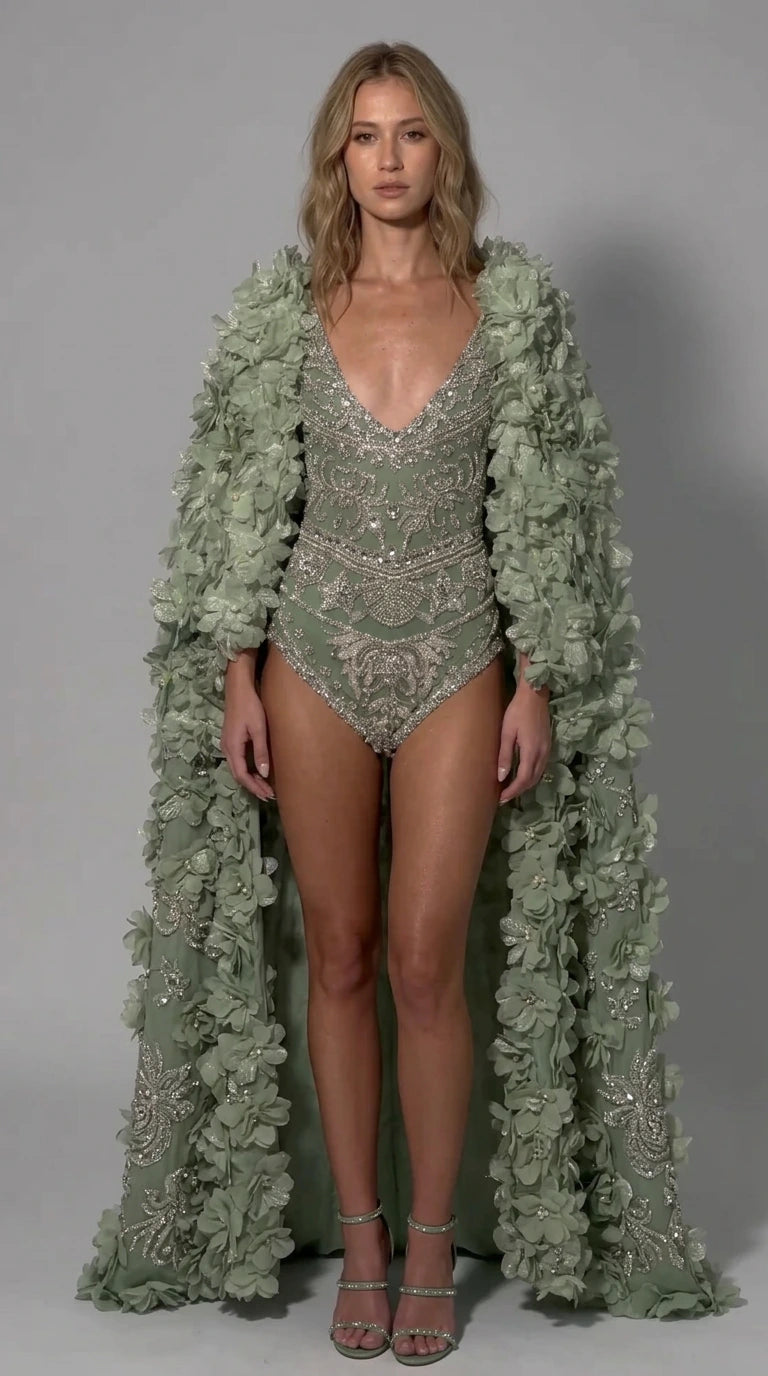 Rhinestone Embellished Bodysuit with 3D Floral Appliqué Cape Set
