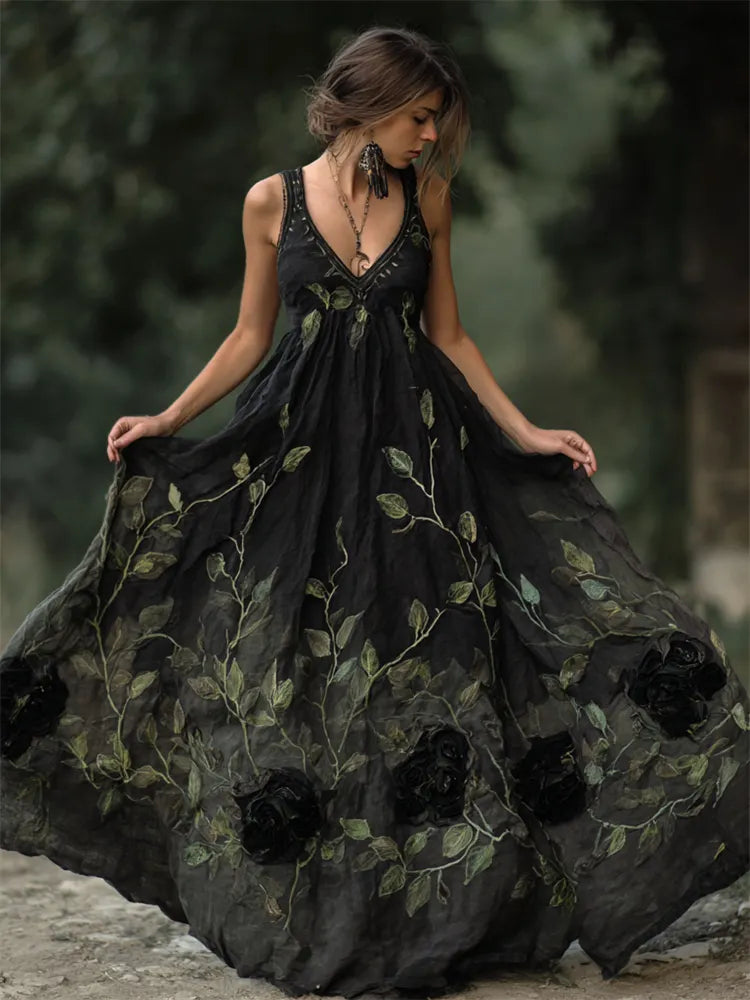 Vintage Black Roses Vines Flowy Linen Maxi Dress