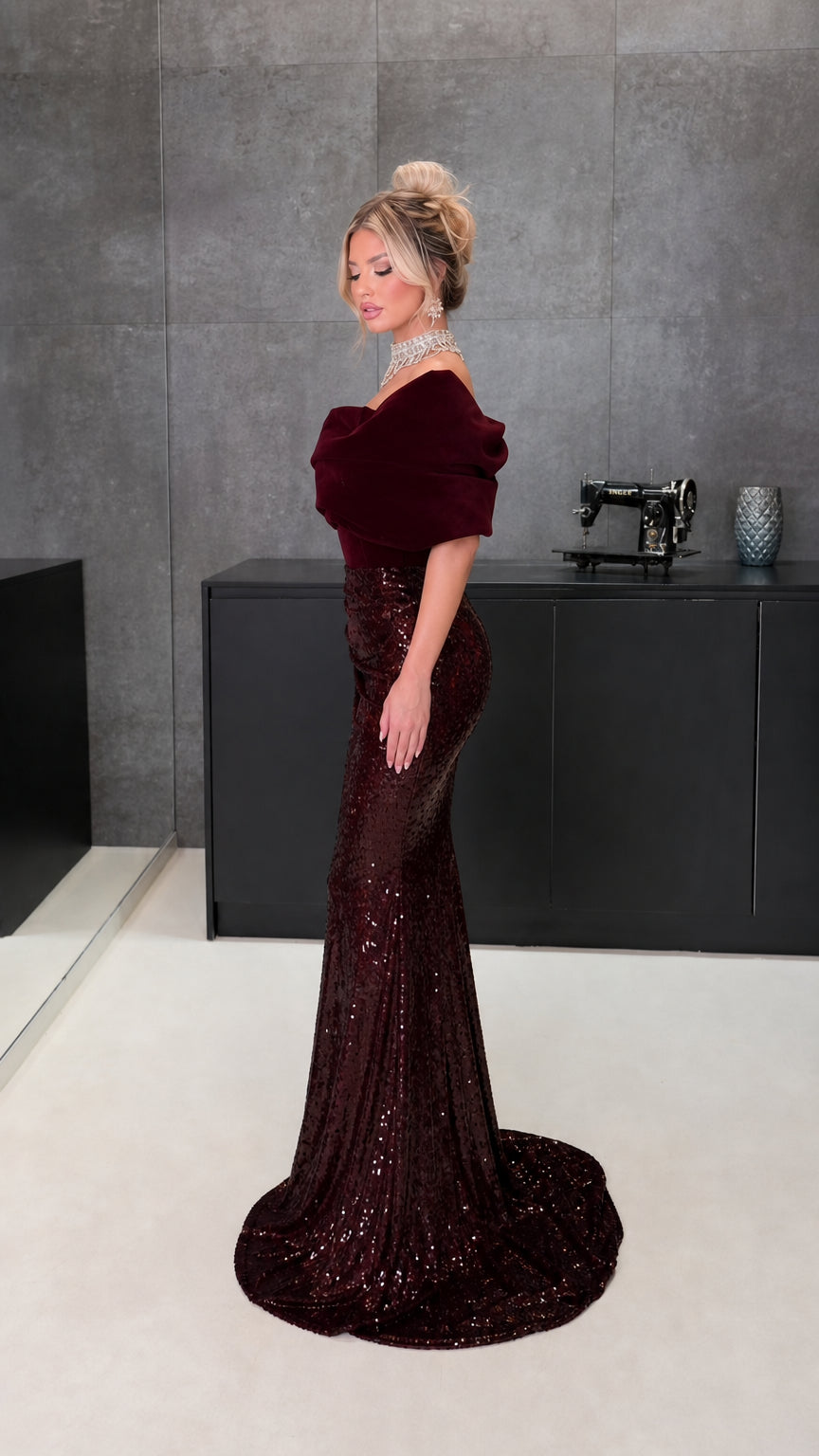 One-Shoulder Velvet and Sequin Mermaid Evening Gown with Sculptural Draped Sleeve
