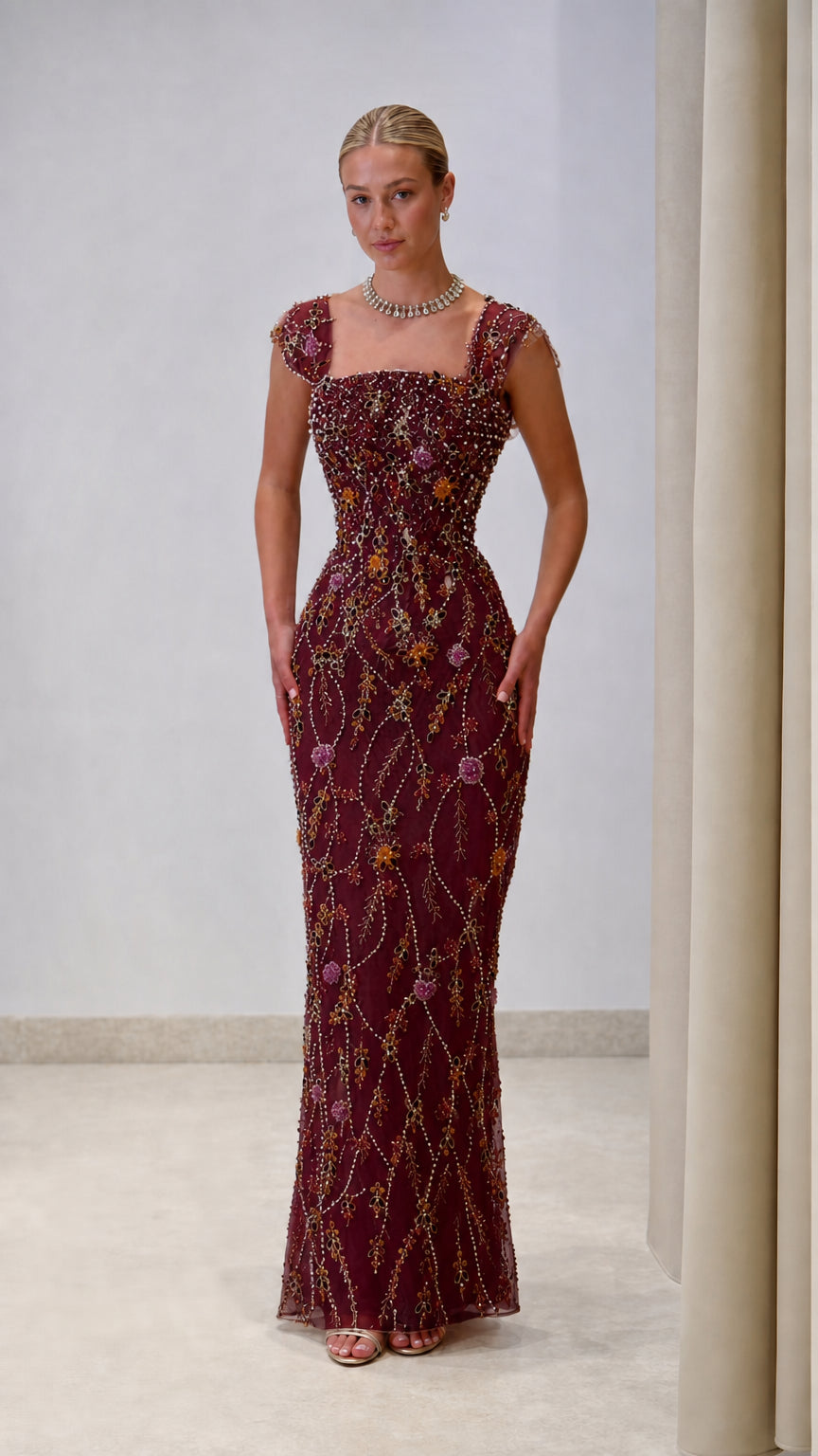 Floral Beaded Square Neck Column Evening Gown