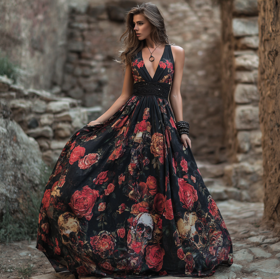 Halloween Theme Rose And Skull Pattern Women's V-neck Long Dress
