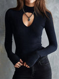 Quiet Luxury Sparkle Rib Knit Cutout Front Thumb Cuff Sweater