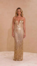 Strapless Rhinestone Embellished Evening Gown with Sculptural Plunge Neckline
