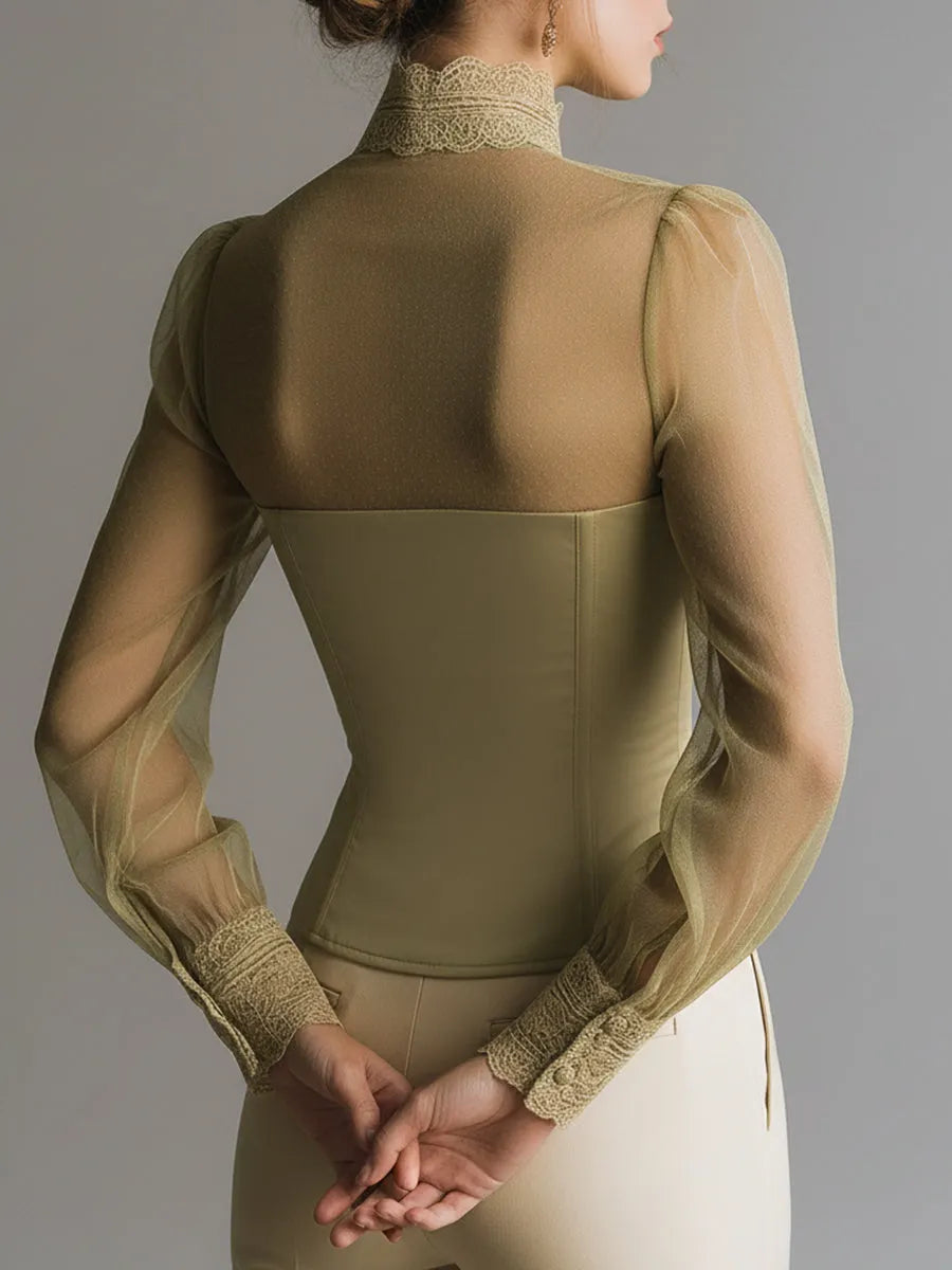 Romantic Mesh And Lace-trimmed Bustier-style Blouse